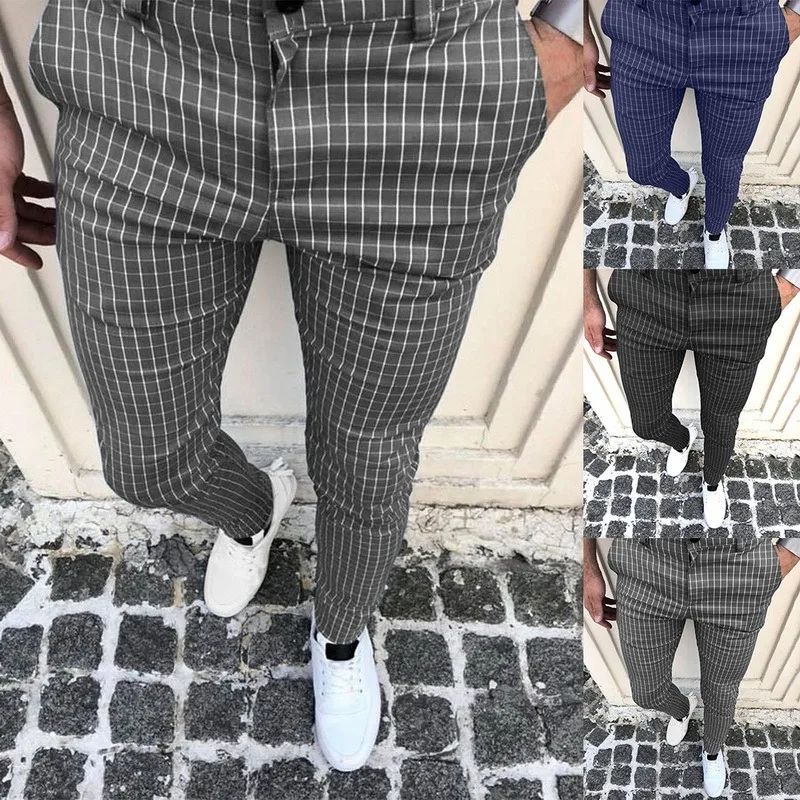 

2021 Summer Fashion Men's Casual Elastic Slim Trousers Casual Plaid Stretch Pencil Pants