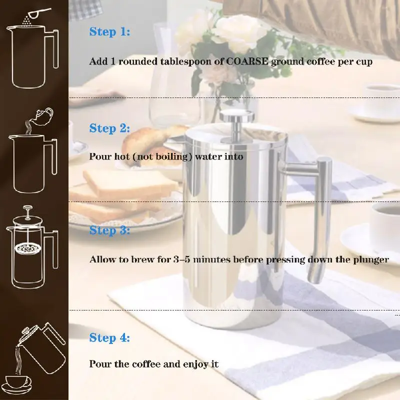 

Stainless Steel French Press Coffee MakerDouble-Wall Stainless Steel Metal Insulated Pot with 3 Level Filtration System