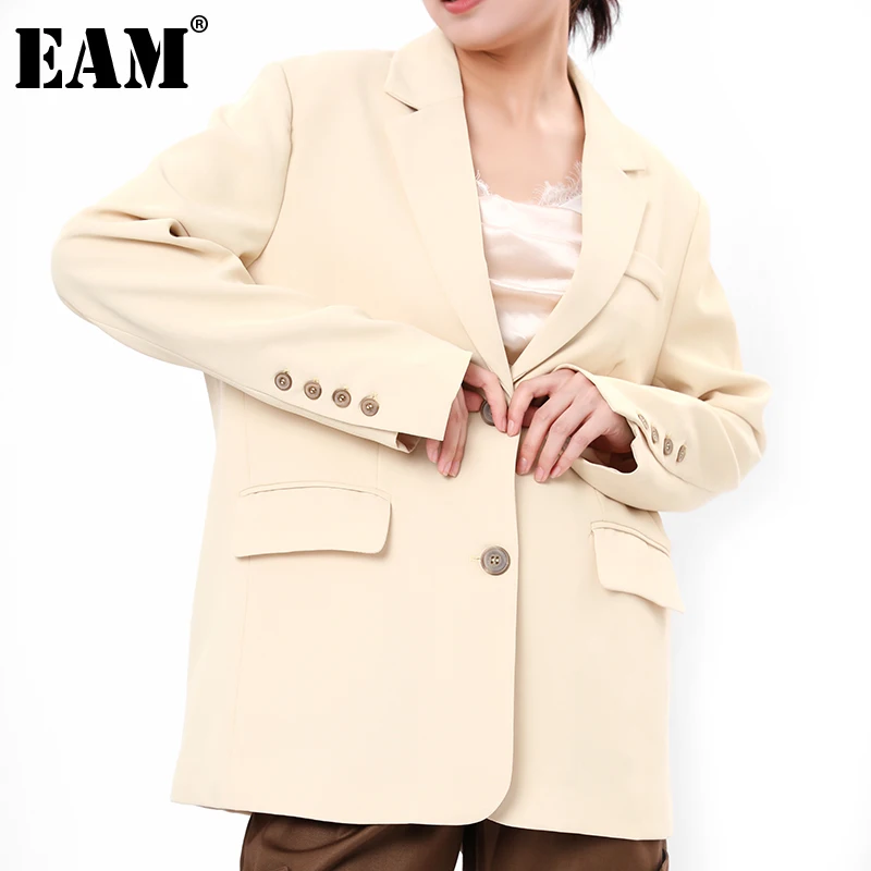 

[EAM] Women Big Size Yellow Blazer New Notched Collar Long Sleeve Loose Fit Jacket Fashion Spring Autumn 2021 1DD493707