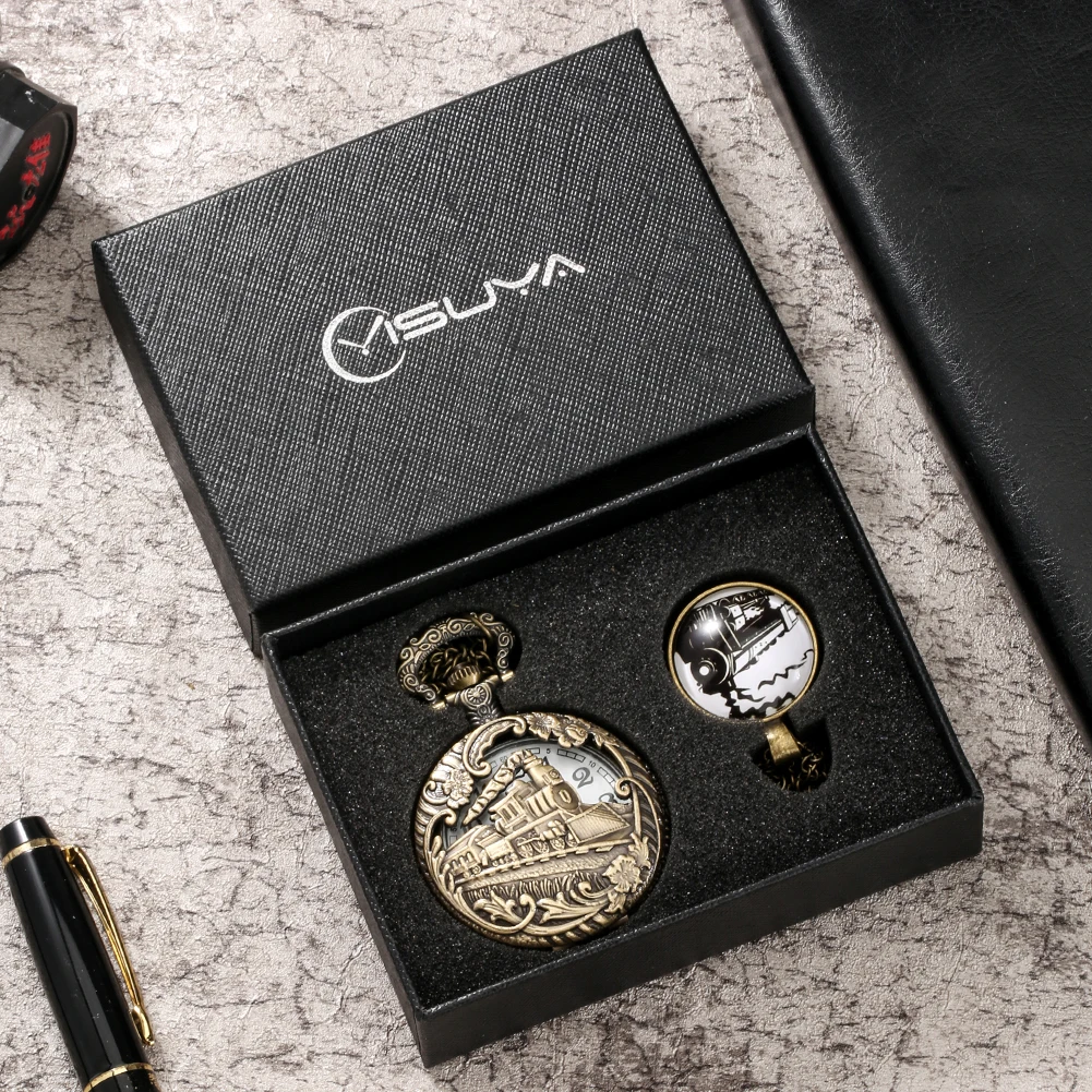 Fashion Train Design Case Quartz Pocket Watch with Gift Box Exquisite Necklace Pendant High Grade Gifts Sets for Friend