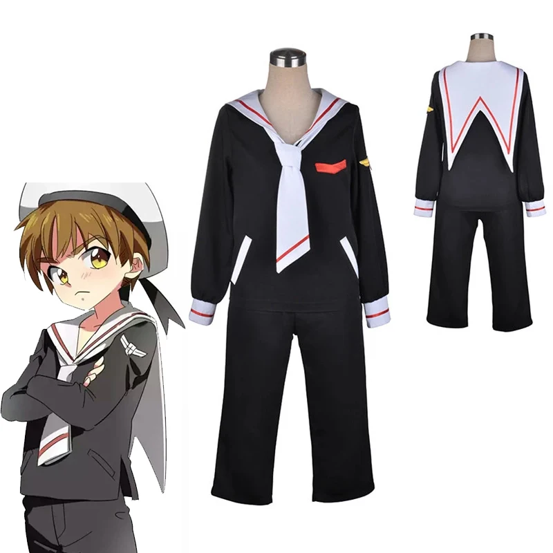 

Anime Cardcaptor Sakura Cosplay Costume Syaoran Li Cosplay Navy Sailor School Uniform Hat Top Pants Suit Outfit For Halloween