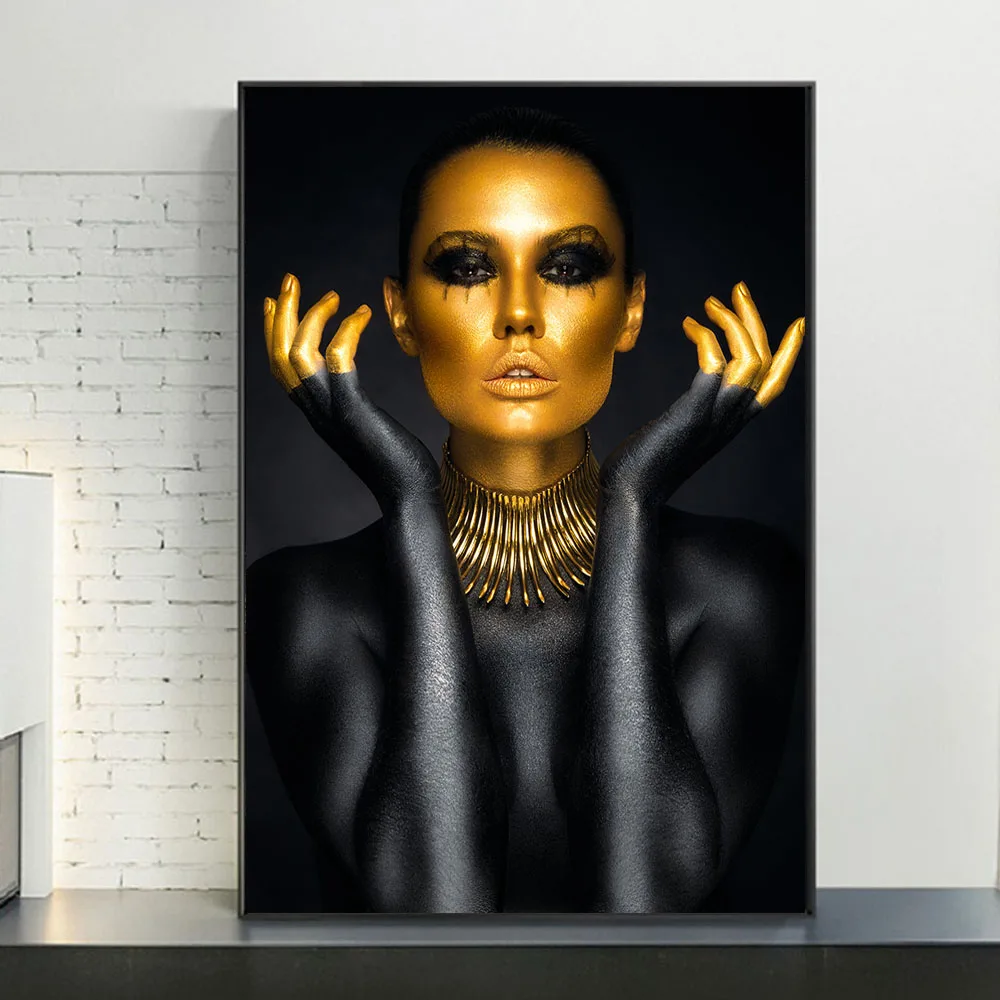 

Portrait of African Makeup Woman Canvas Art Posters And Prints Golden Art Canvas Paintings On the Wall Art Sexy Pictures Cuadros