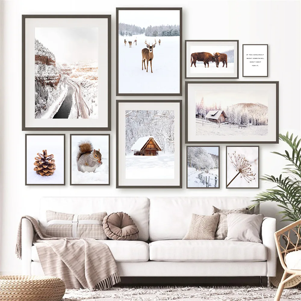 

Скандинавский постер с оленем, коровой, белкой, филбертом, картина с одуванчиком, цветком, холст с принтом снега, гор, пейзаж, картина, декор д...