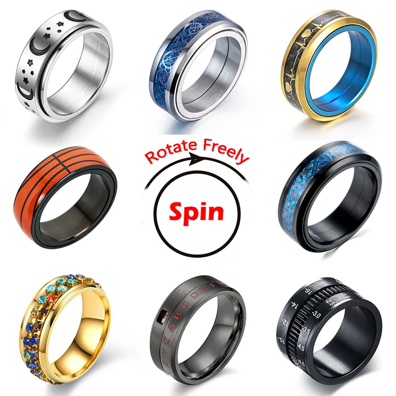 

Rotate Freely Spinning Stainless Steel Anxiety Ring For Women Moon Star Chain Spinner Fidgets Ring Anti Stress Men 2021 Rotating