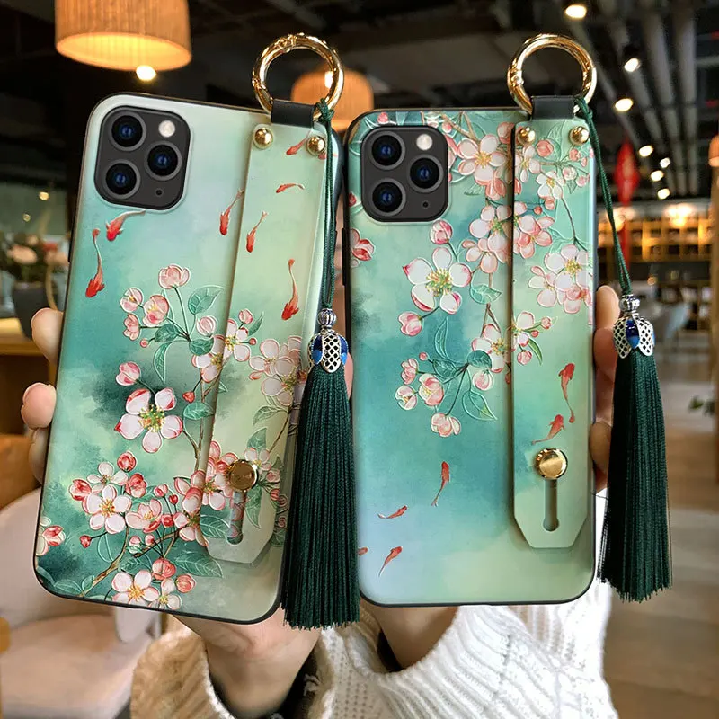 Beauty 3D Emboss Phone Case for iPhone 11 12 13 14 Pro MAX X XS MAX XR 8 7 6 6s Plus X Soft Back Cases Wrist Strap Tassel Cover