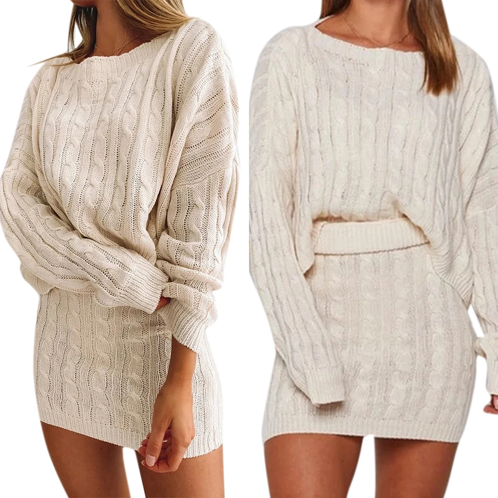 

Women Sweater Knitted Women Clothing O-neck Solid Long Sleeve Crop Top and Skirt Set Autumn Clothes Womens Knitwear
