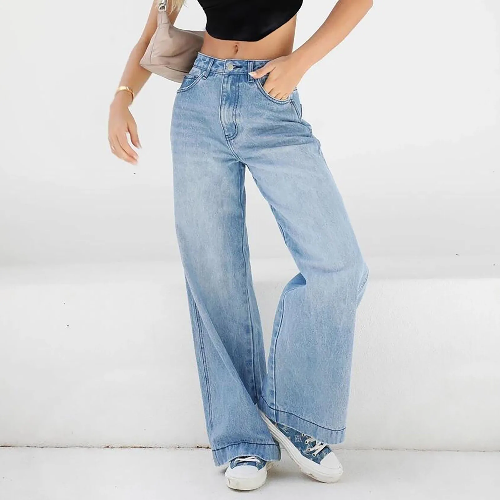 

Fashion Women's Casual Solid Colors Loose High Waist Straight Jeans Pants Washed Boyfriend Denim Trousers Pantalones Mujer#g3