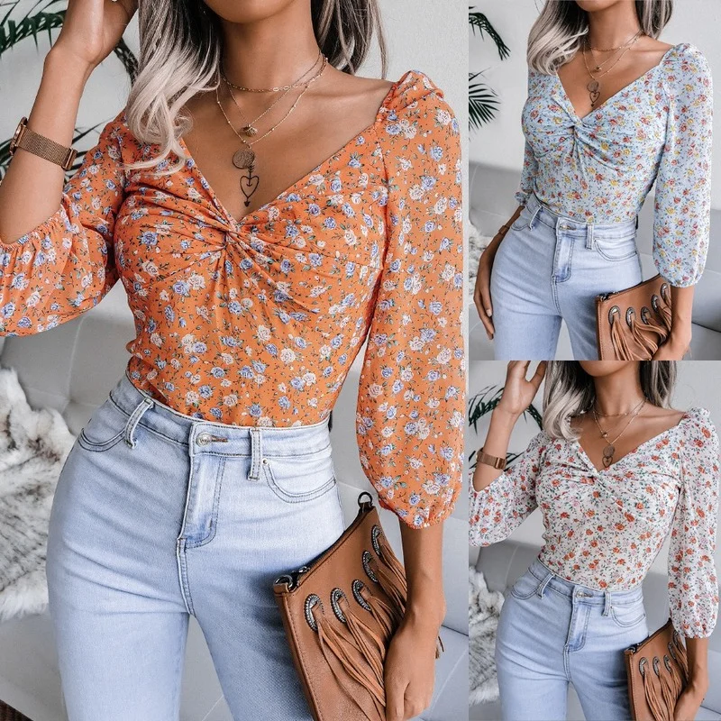 

Floral Sexy Pleated Shirt Women's Design Sense Small Waist V-neck One-word Shoulder Puff Sleeves Knotted Clavicle Chiffon Top