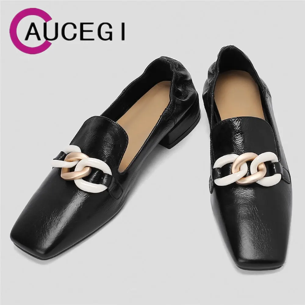 

Aucegi 2022 Spring Women Square Toe Low Heel Pumps Patent Cow Leather Fashion Sweet Chain Decoration Slip On Casual Wild Shoes