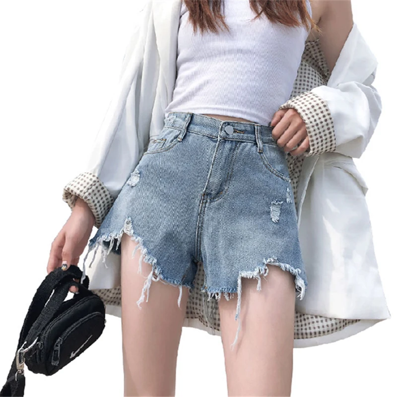 

Denim Shorts Women's Summer 2020 New Loose Students Slimming Versatile High Waist Raw Hem Wide Legs Hot Pants Ins Fashion