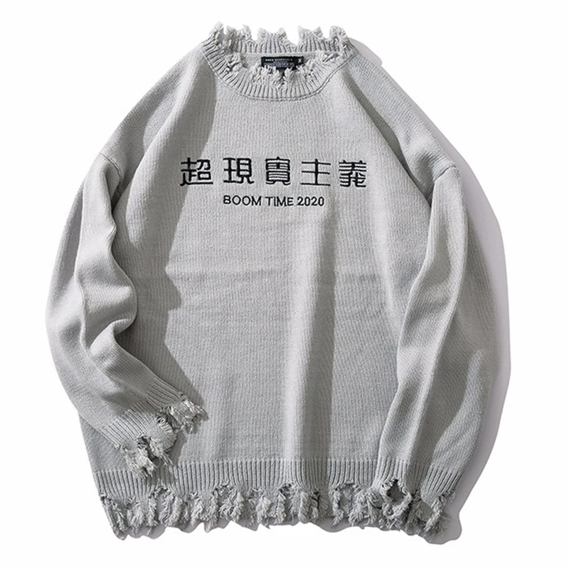 BOOM TIME 2020 Embroidery Crewneck Knitwear Sweaters Fashion Tattered Pullover Knit Sweater Men Harajuku Tops Hip Hop Streetwear | Мужская
