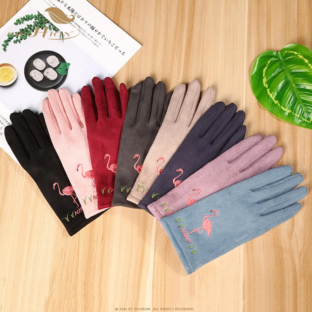

Retro flamingo embroidered suede touch screen gloves autumn and winter warm female winter driving gloves SP0695