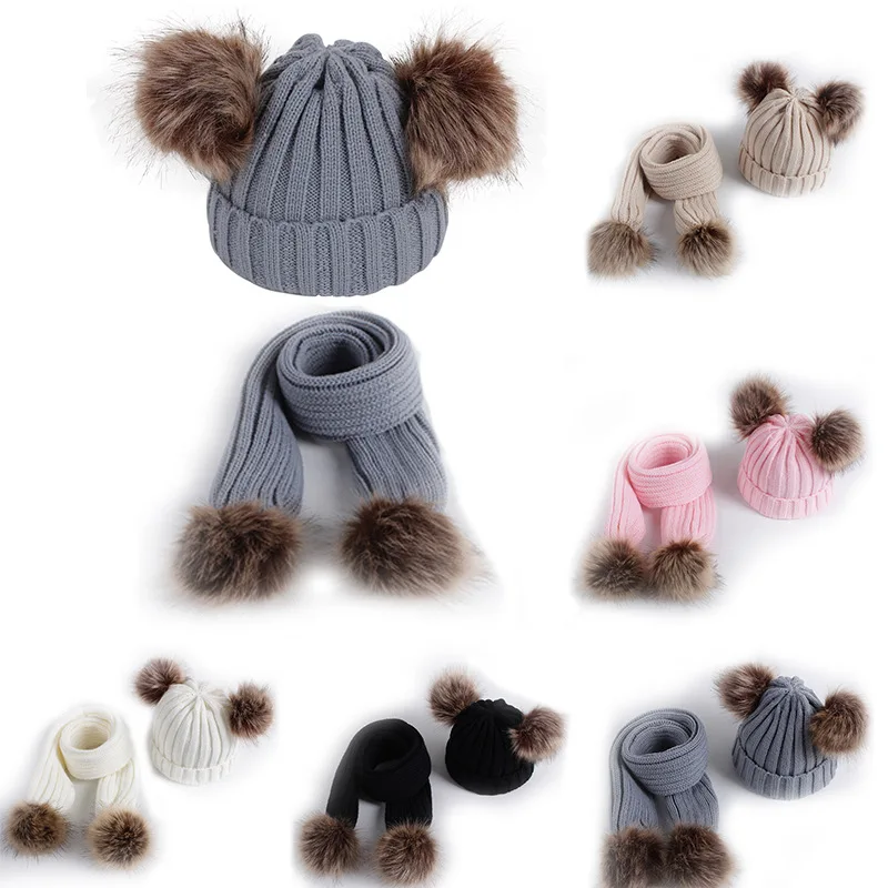 

Зимние толстые теплая шапка для младенца, набор из 2 шт., шарф для мальчиков и девочек, вязаные милые шапки с двойным помпоном, Детские облега...