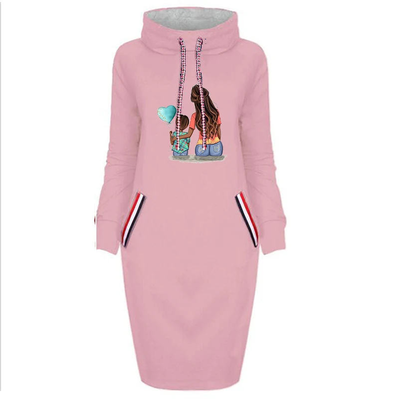 

2021 Women Dress Maternal Love Cartoon Print Fake Pocket Long Sleeve Thin Bodycon Dresses Casual Vintage Woman Party Vestidos