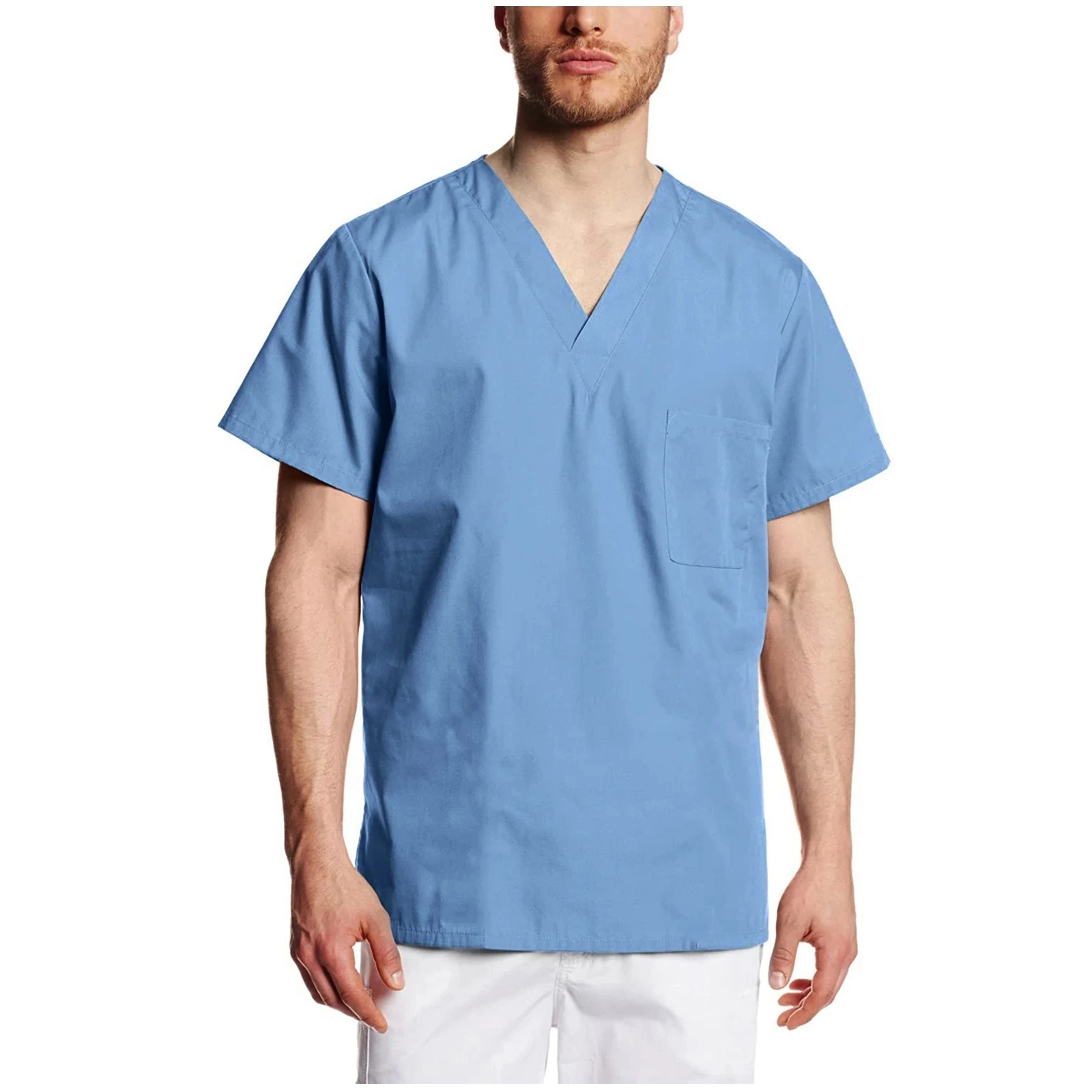 

2021 new men's overalls solid color short-sleeved V-neck top