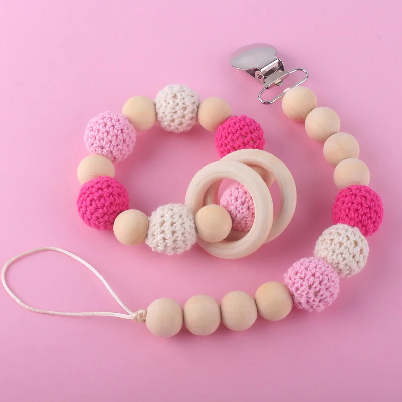Розовый XCQGH Baby Beech кроше деревянный Соска с бусами цепи детский браслет молярные бусины анти-Падение детский браслет цепочка с зажимом для соски-пустышки - Цвет: Розовый