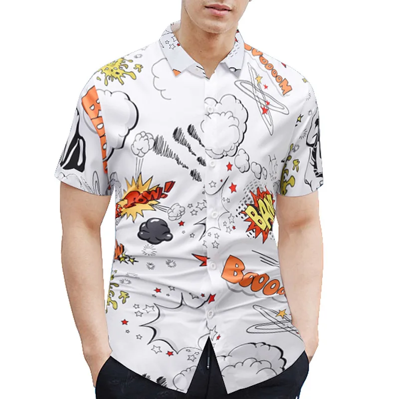 

Summer New Style Foreign Trade Graffiti Printed Flower Men's Loose Casual Lapel Cardigan European Size Short-Sleeved Shirt