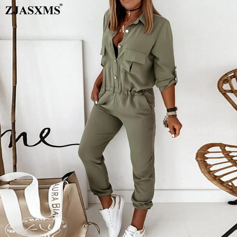 Комбинезон женский с отложным воротником рубашка на пуговицах брюки карго