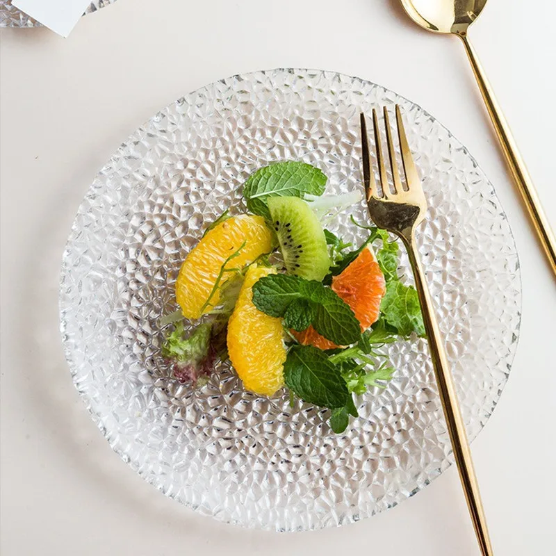 Круглая обеденная тарелка с ледяными трещинами в скандинавском стиле прозрачная