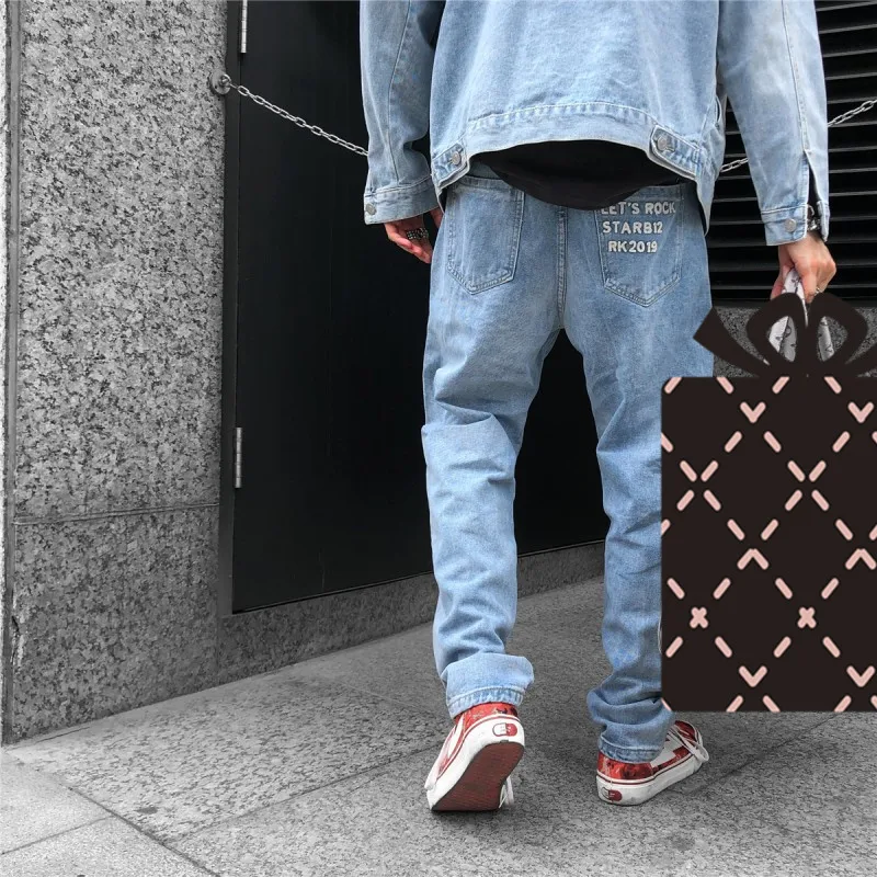 2021 New Arrival Letter Print Punk Rock Men Hip Hop Jeans Pants Washed Blue Casual Cotton Denim Trousers For Teens Ropa Hombre