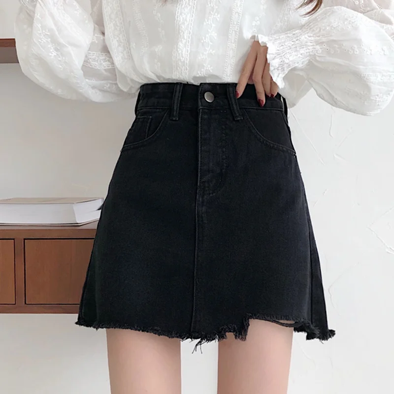 Black Denim Skirt Women's Irregular 2021 New Spring and Autumn A-line High Waist Thin Fashion | Женская одежда