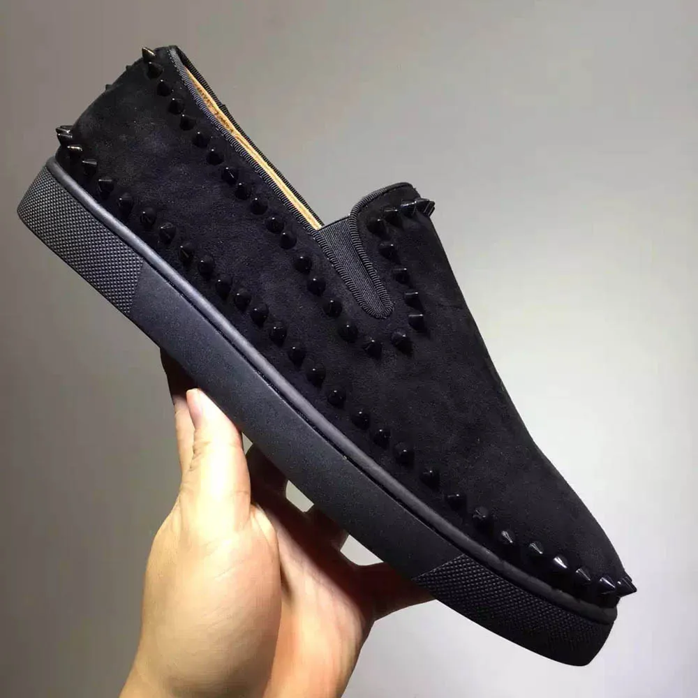 

Black Suede Real Leather Low Cut Circle Rivet Shoes Metal Flat Luxury Brand Red Bottom For Men Spikes Loafers Casual Shoes Women