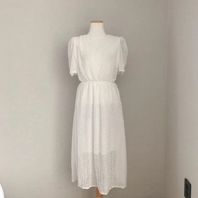 

New 2020 Summer Vintage Women White Dresses Hollow-out Lace High Waist A-line Dress Female Elegant Office Lady Vestidos femme