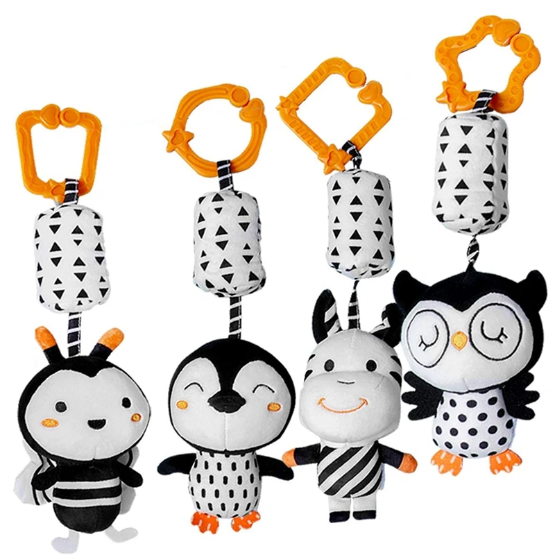 

4 шт. Черный и белый плюшевые кольца-погремушки для младенцев на животике кроватки/коляска Подвесные Игрушки Кольцо Игрушки для маленьких д...