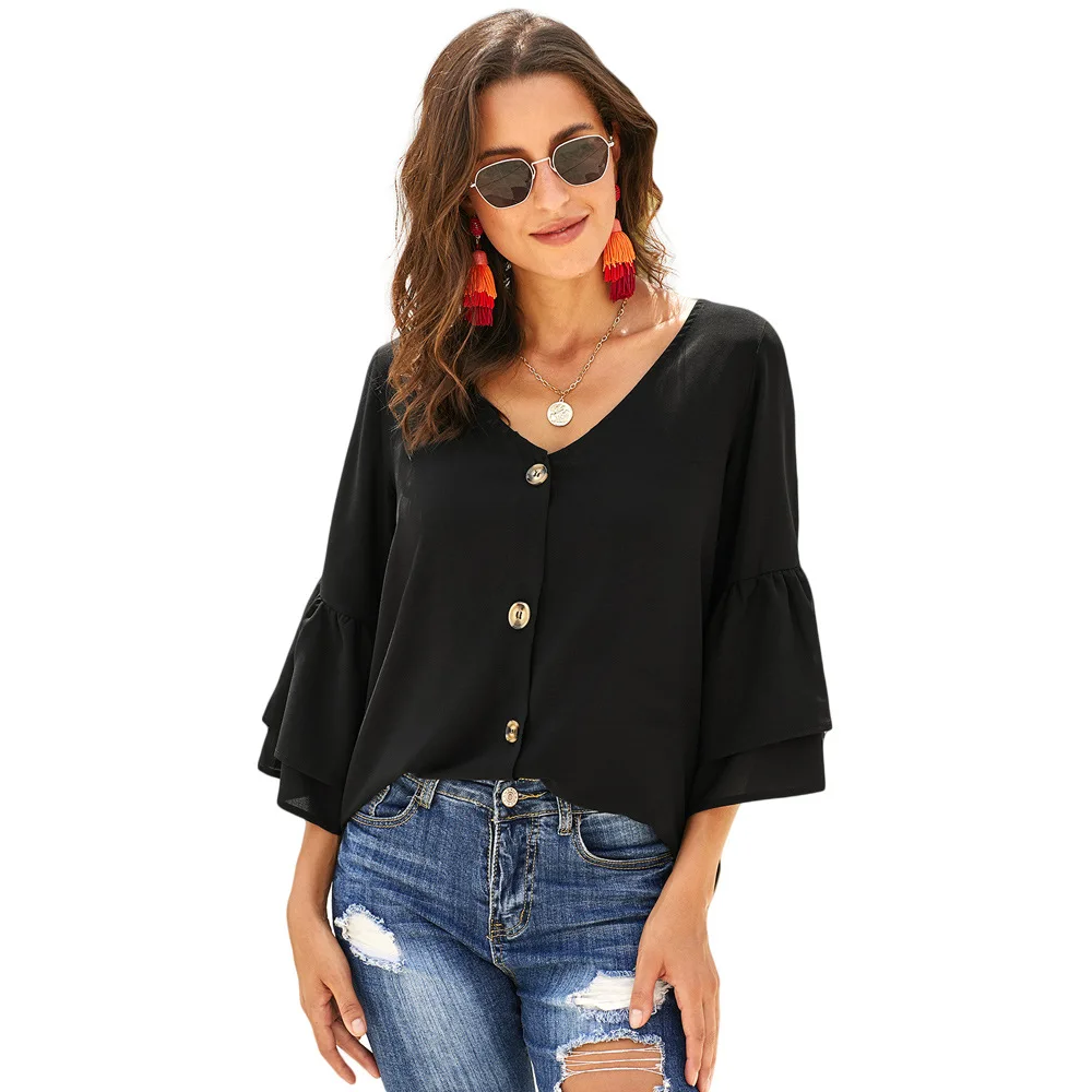 

Popular Shirt New European And American Sexy V-neck Button Decoration Ruffle Half Sleeve Shirt