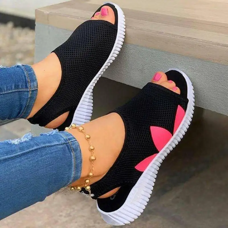 

2021 Women's Fashion Casual Pure Color Knitted Mesh Printed Flat-Bottom Comfortable Trend All-match Summer Sandals 1KB095