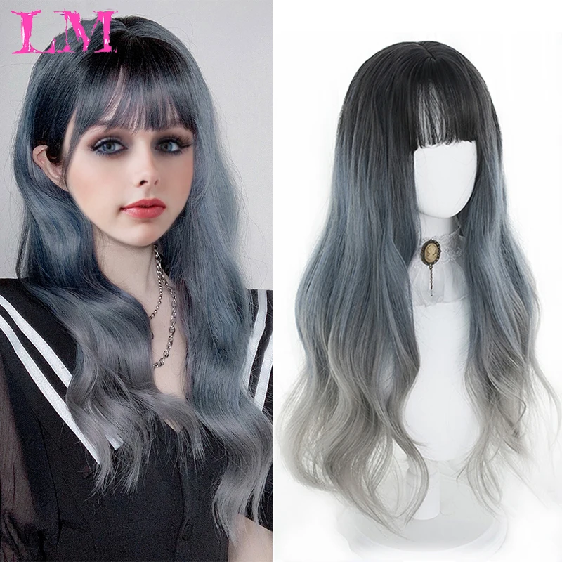 

LM Lolita Wig Female Long Hair Gradient Long Curly Hair Grey Blue Color Fake Hair With Bangs Cosplay Water Wave Synthetic Hair