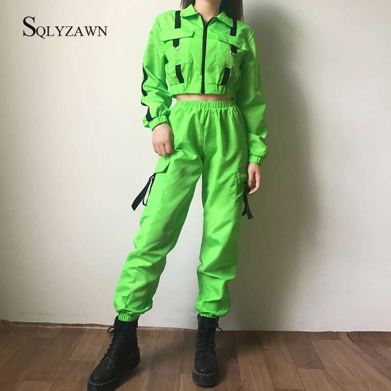 Женский неоново-зеленый комплект из двух предметов осенняя укороченная куртка