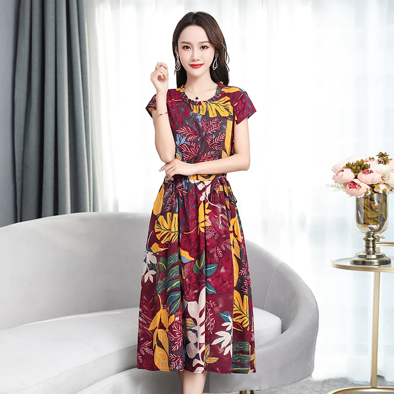 Women Long Slim Floral Print Dress XL- 6XL Middle-aged Ladies Short Sleeve Elegant Mother Cotton Female Vestidos Clothes | Женская