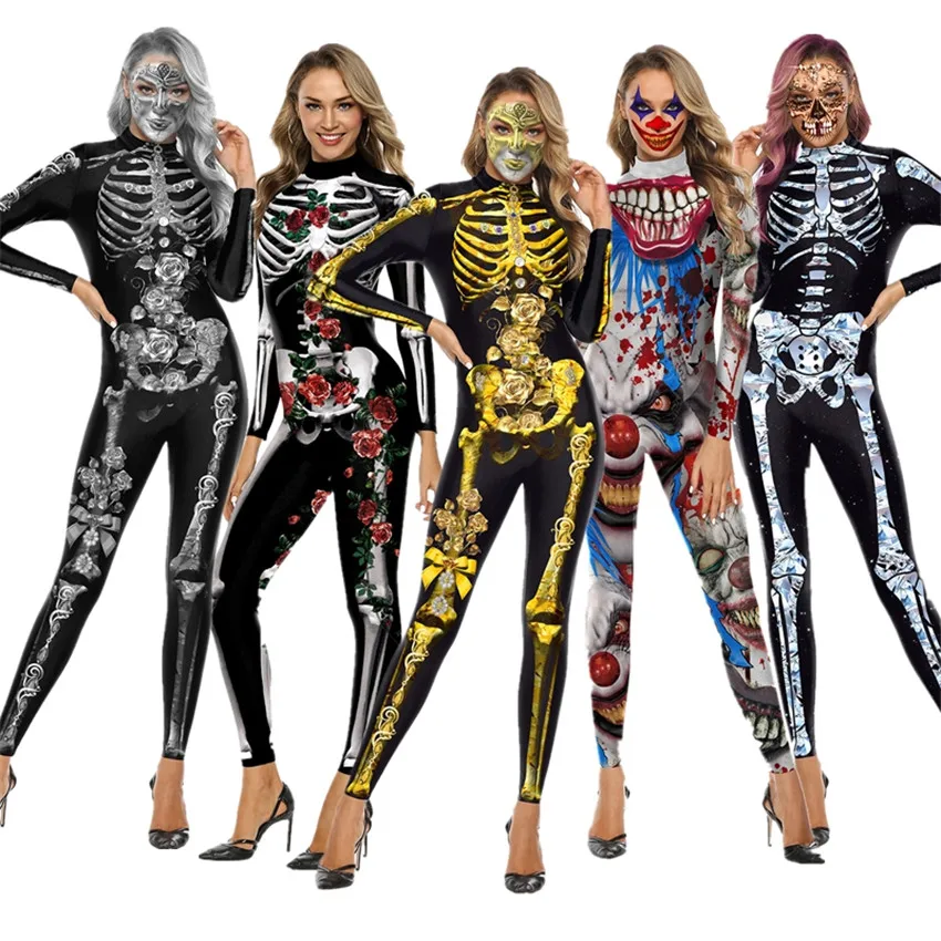 Костюм женский для косплея на Хэллоуин страшный комбинезон с 3D принтом скелета
