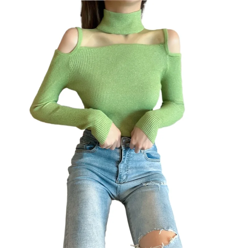 

Korean Style off-the-Shoulder Half Collar Top 2019 Autumn and Winter New Hollow-out Mesh Stitching Sexy Knitwear Tight Sweater