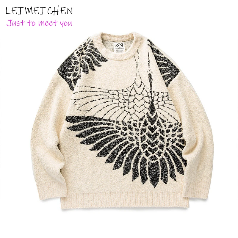 

LEIMEICHEN Stork Print Men's Sweater 2020 Pullover White O-Neck Korean Fashion Sweater Women Streetwear Harajuku Clothes