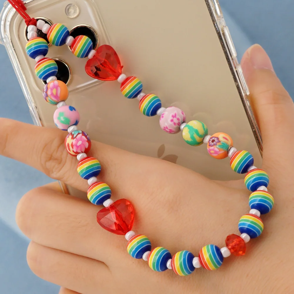

Acrylic Rainbow Stripe Beaded Mobile Phone Chain Female Phone Necklace Strap Lanyard For Soft Pottery Keys Lady Gift Wholesale