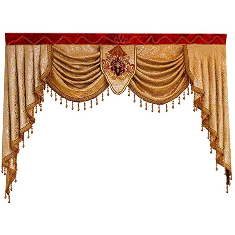 

Curtain Valance With Bead European Gold Jacquard Curtain Swag for Living room Villa Decoration Rod pocket Top Window Treatment