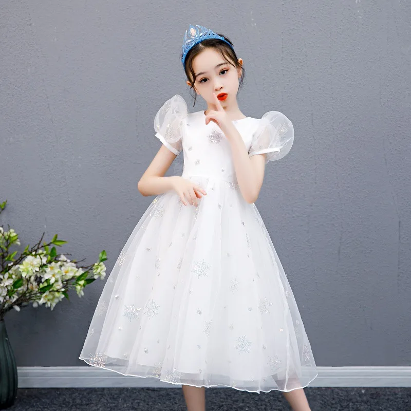 

Frozen Elsa Dress Snow Queen 2 Girls Princess Dress Child Costumes With Snowflake Print Tulle White Sequins Dress Wedding Dress