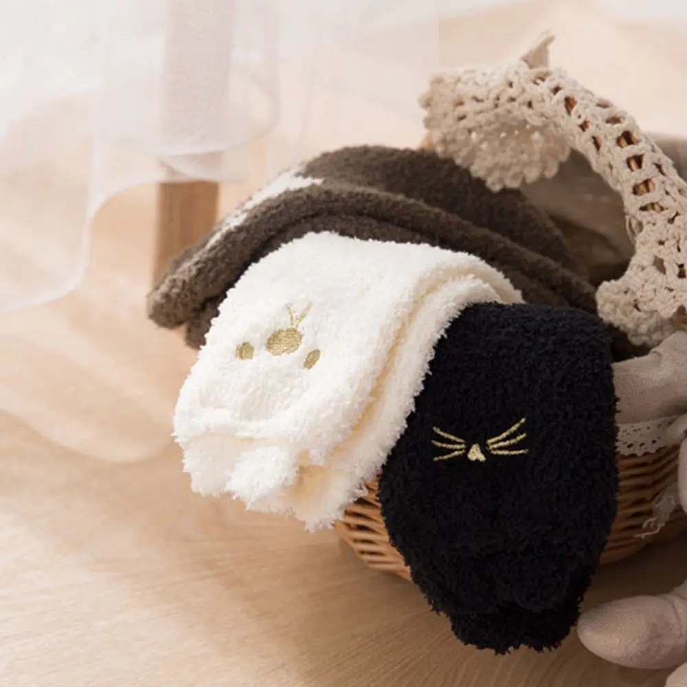 Fashion Women Thicken Warm Coral Fleece Socks Embroidery Cute Cat Beard Fluffy Ears Tube Floor | Женская одежда
