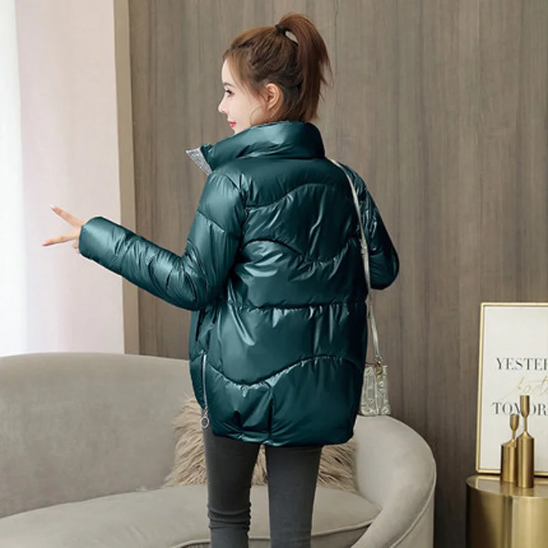 

New style disposable bright face down padded jacket women's short Korean style loose cotton coat stand-up collar to keep warm wi
