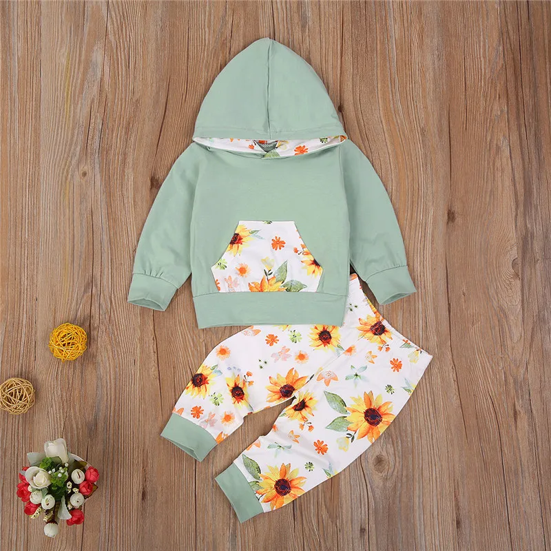 Toddler Baby Girl 2PCS Outfit Sets Long Sleeve Hoodie Pocket Top Shirt Floral Pants Pajamas for Autumn Winter