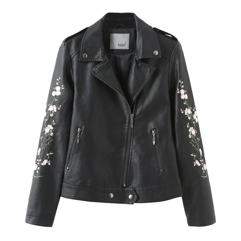 

New 2019 Women's Leather jacket Embroidery Black Lapels PU Motorcycle Clothing faux leather jackets women