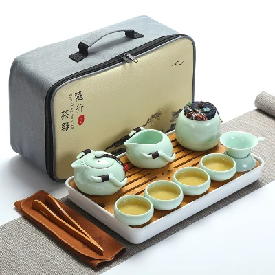 Качественный дорожный чайный набор кунг-фу чайник чашки gaiwan infuser chahai портативная коробка cozies деревянный бамбуковый поднос китайский чайный церемониальный набор - Цвет: SET 7
