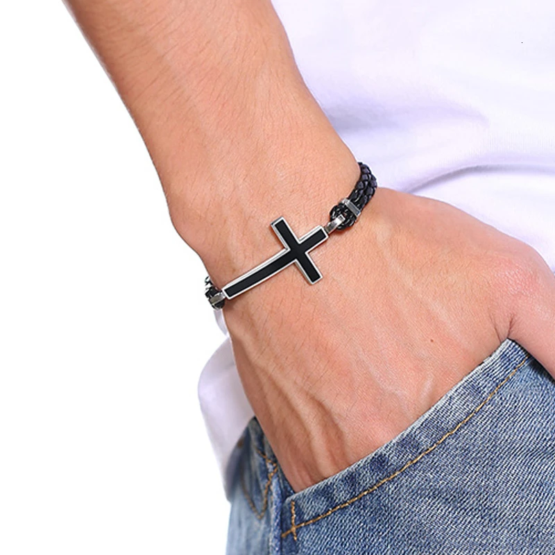 

Cross Leather Bracelet Antique silver color Sideways Cross Bracelet For Men Christian Faith Jewelry