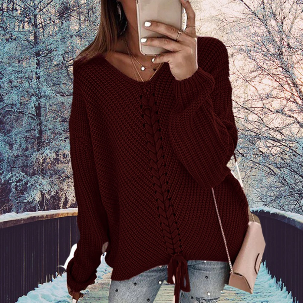 Warm Dating Drawstring Casual Long Sleeve Loose Soft Daily Women Sweater V Neck Solid Fall Travel Shopping | Женская одежда
