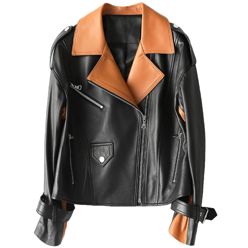 Spring 2021 New Genuine Leather Black Loose Coat Women's Sheepskin Jacket Short Motorcycle Suit Splicing Moto & Biker Wear