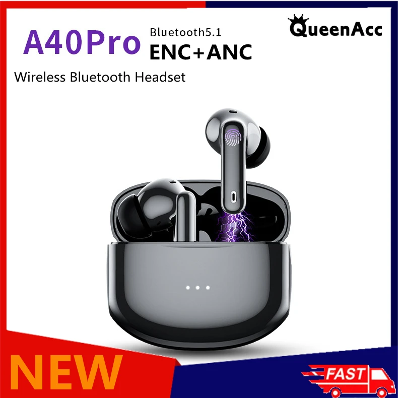 

QueenAcc A40Pro ANC Bluetooth 5.1 Headphones TWS ENC Active Noise Cancelling Earphone HIFI Stereo Low latency AAC Gaming Headset