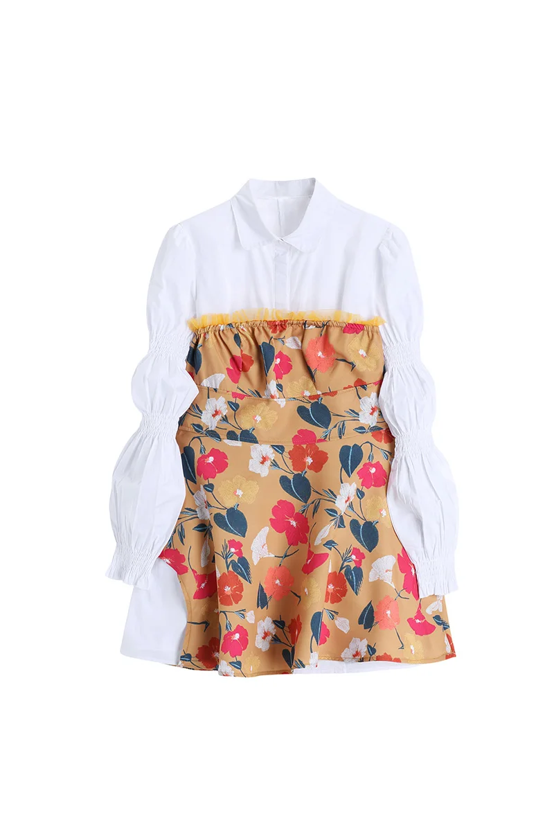 

SuperAen Fashion Two Piece Spring Puff Sleeve Printed Patchwork Knee-Length Dresses Women
