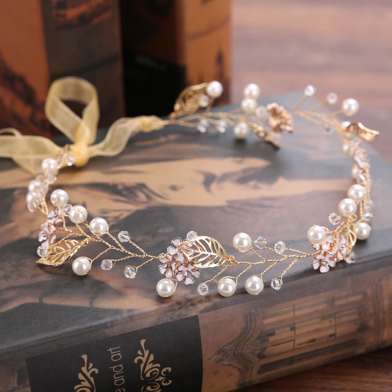 Trendy Gold Flower Pearl Hair Vine Bridal Headband Wedding Jewelry Headpiece Accessories Handmade | Украшения и аксессуары
